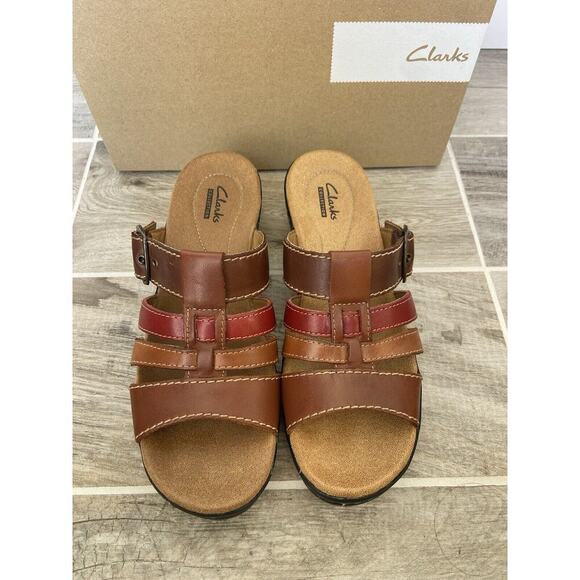 Clarks Brown Red Strappy Sandals Heel Slip On Adjustable Size 6.5 - Picture 2 of 5